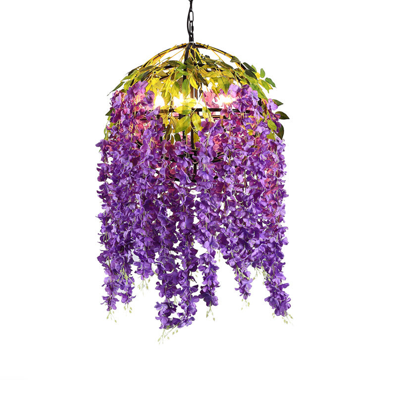 Industrial Metal Dome Pendant Chandelier With Pink/Purple 4/5 Heads Plant Design - 18’/21.5’ Wide