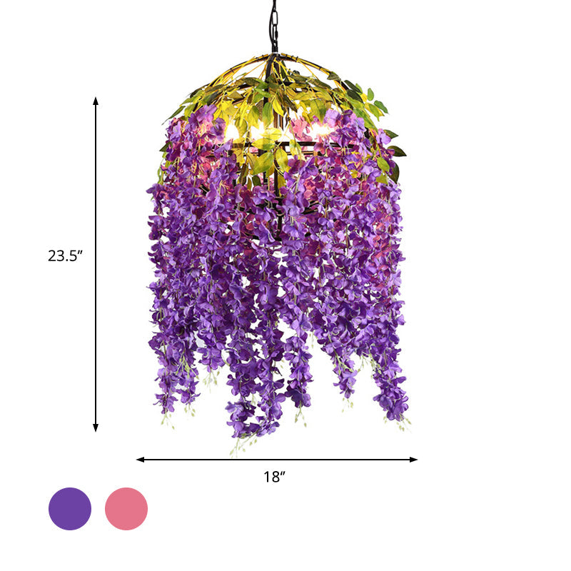 Industrial Metal Dome Pendant Chandelier With Pink/Purple 4/5 Heads Plant Design - 18’/21.5’ Wide