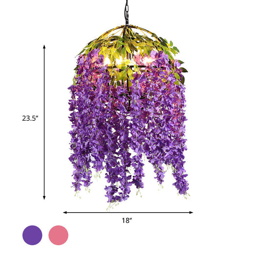 Industrial Metal Dome Pendant Chandelier With Pink/Purple 4/5 Heads Plant Design - 18’/21.5’ Wide