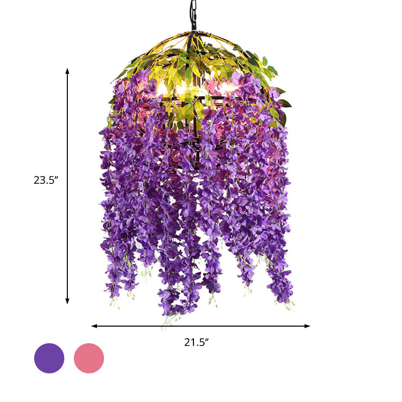 Industrial Metal Dome Pendant Chandelier With Pink/Purple 4/5 Heads Plant Design - 18’/21.5’ Wide