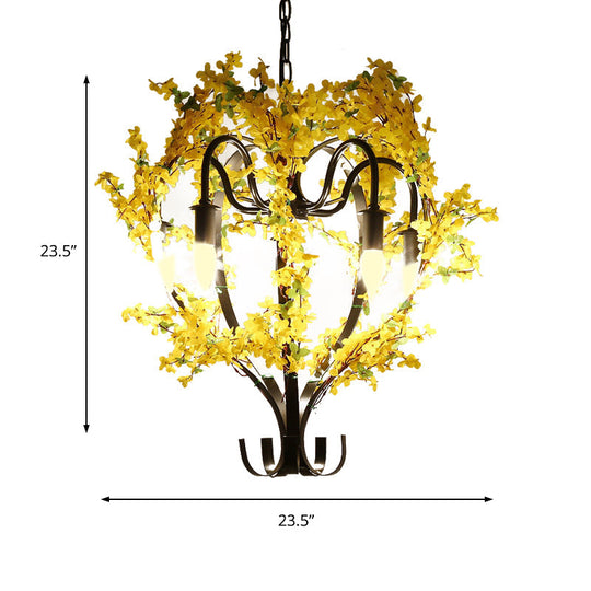Industrial Yellow Metal Chandelier Light - 5 Heads Lantern Ceiling Pendant With Flower Decoration