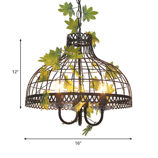 Industrial Metal Dome Pendant Light With 3 Heads And Flower Decoration - Black