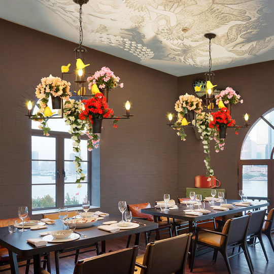 6-Light Industrial Black Metal Chandelier Pendant With Flower Decoration—Graceful Candelabra