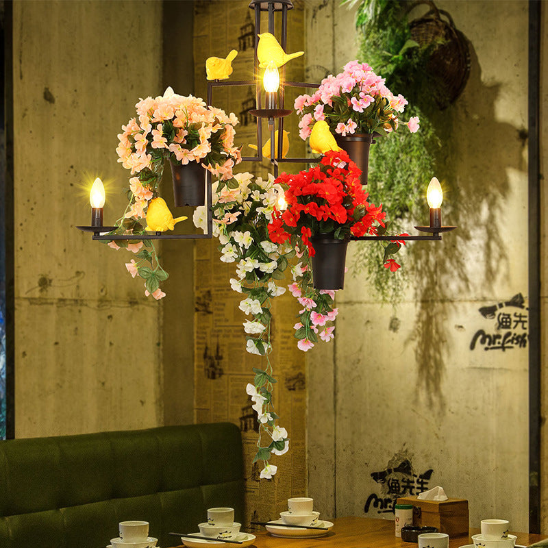 6-Light Industrial Black Metal Chandelier Pendant With Flower Decoration—Graceful Candelabra