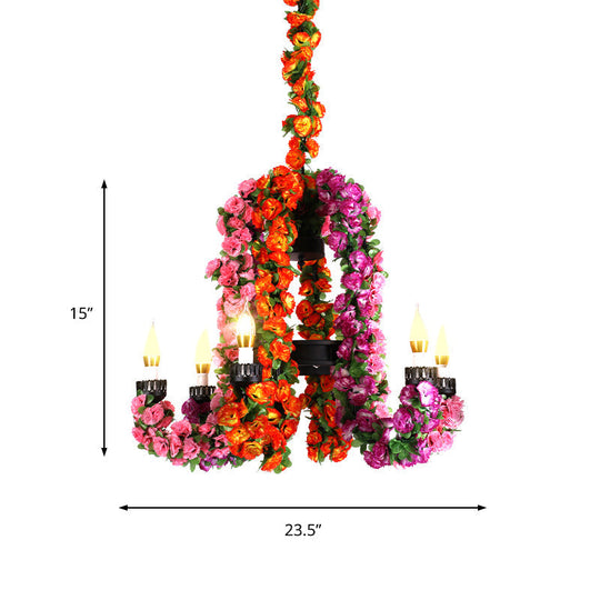 6-Head Metal Hanging Light Kit: Purple Curved Arm Chandelier With Flower Decoration - Industrial