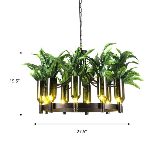 Industrial Metal 10-Head Green Chandelier With Plant Deco - Round Restaurant Ceiling Lamp