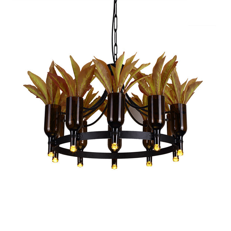 Industrial Round Pendant Light With Plant Decor And 10 Black Metal Lights