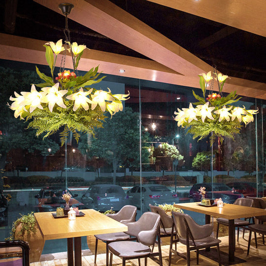 Turquoise Flower Chandelier: Industrial Round Hanging Light Kit With 10 Heads For Restaurants