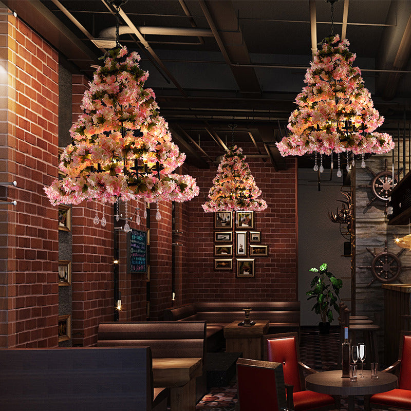 Retro Metal Flower Led Chandelier Lighting With 6 Pink Bulbs - Perfect For Restaurants