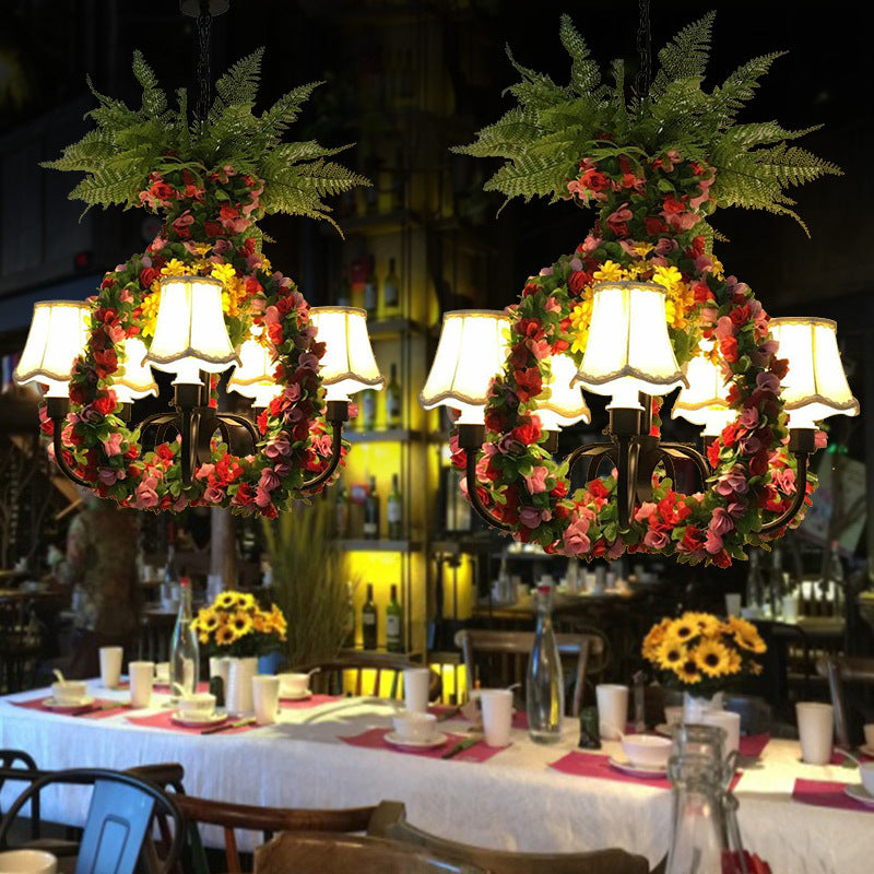 Industrial Black Chandelier With Led Fabric Flower Design - 5-Light Hanging Lamp