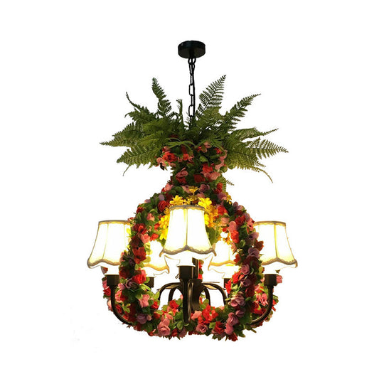 Industrial Black Chandelier With Led Fabric Flower Design - 5-Light Hanging Lamp