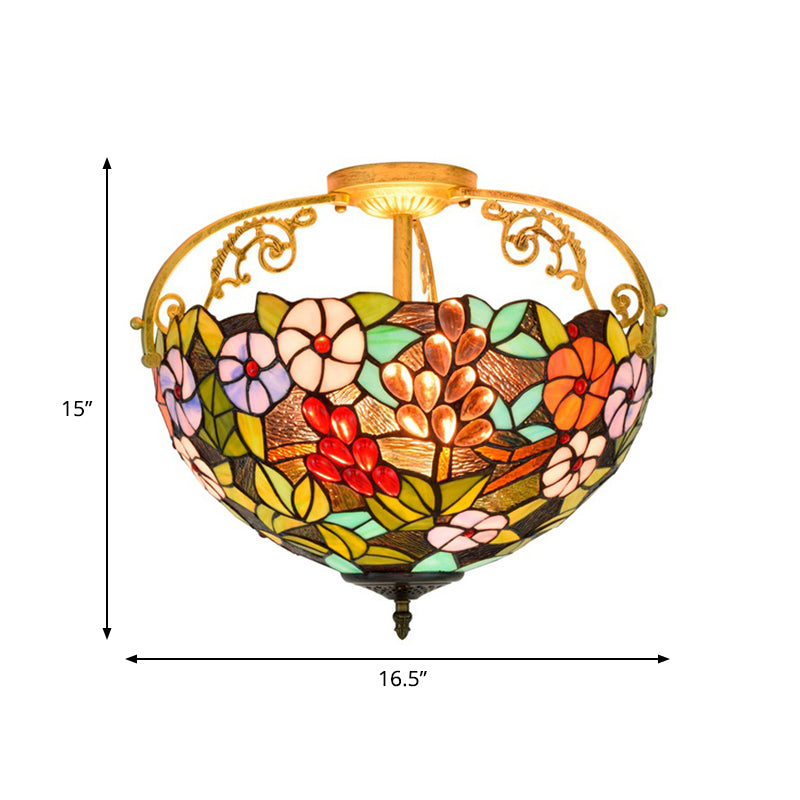 Victorian Green Floral Ceiling Light With Cut Glass - 3 Semi Mount Lights For Bedroom