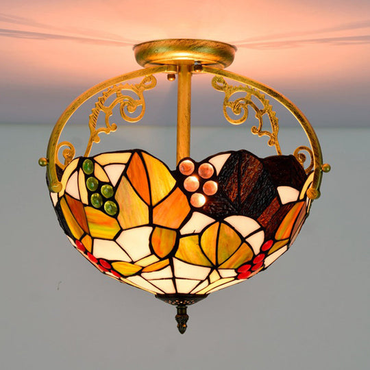 Tiffany Cut Glass Semi - Flush Ceiling Light With Brass Finish For Bedrooms - 2/3 Lights