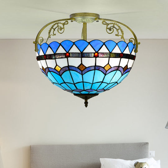 Tiffany Semi-Flush Kitchen Ceiling Light - 3-Light Fixture With Stained Glass Bowl Shade