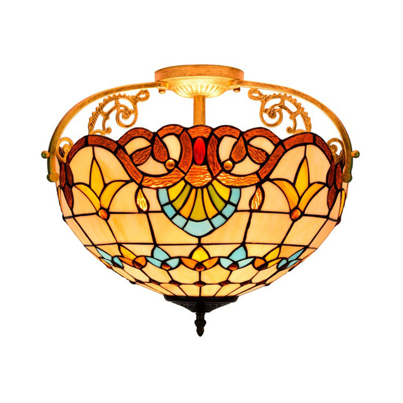 Tiffany Semi - Flush Kitchen Ceiling Light - 3 - Light Fixture With Stained Glass Bowl Shade