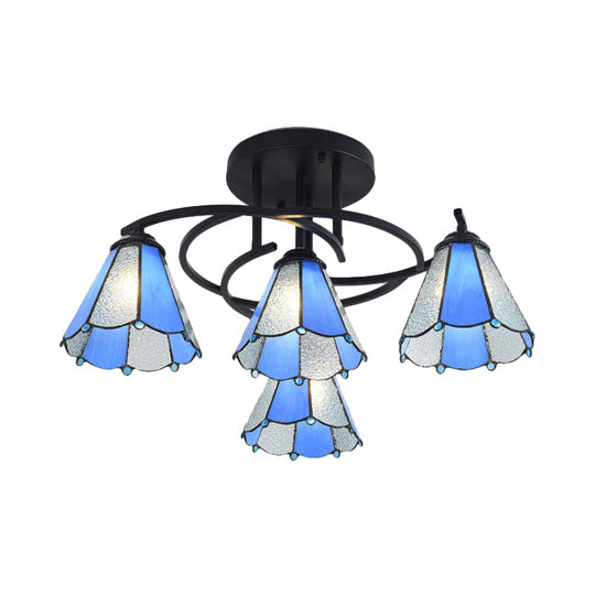 Mediterranean Black Bedroom Ceiling Lamp With Cone/Dome White/Beige/Blue Glass Shade - 4 Lights