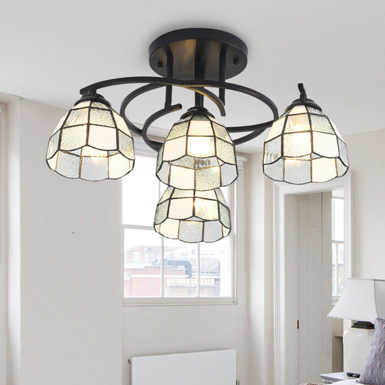 Mediterranean Black Bedroom Ceiling Lamp With Cone/Dome White/Beige/Blue Glass Shade - 4 Lights