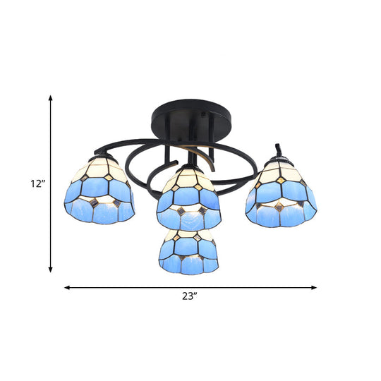 Mediterranean Black Bedroom Ceiling Lamp With Cone/Dome White/Beige/Blue Glass Shade - 4 Lights