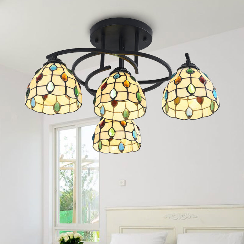 Mediterranean Black Bedroom Ceiling Lamp With Cone/Dome White/Beige/Blue Glass Shade - 4 Lights