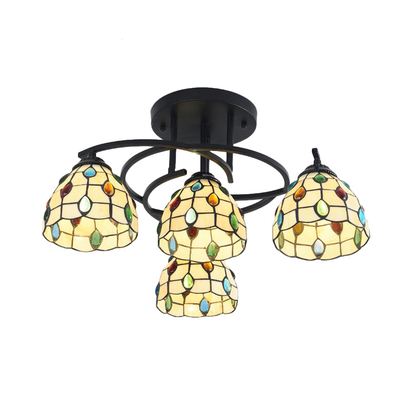 Mediterranean Black Bedroom Ceiling Lamp With Cone/Dome White/Beige/Blue Glass Shade - 4 Lights