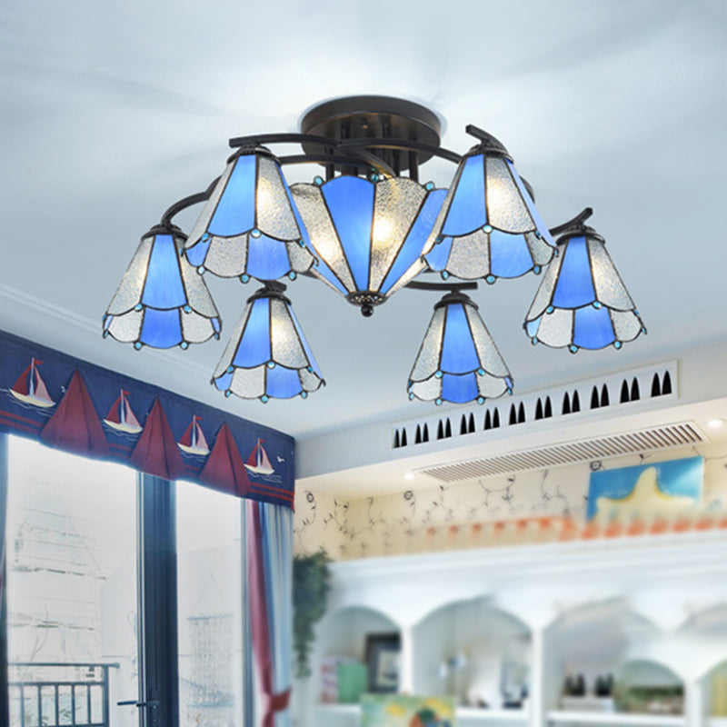 Blue And White Glass Semi - Flush Conical Ceiling Light With 9/11 Lights - Black Lighting Fixture