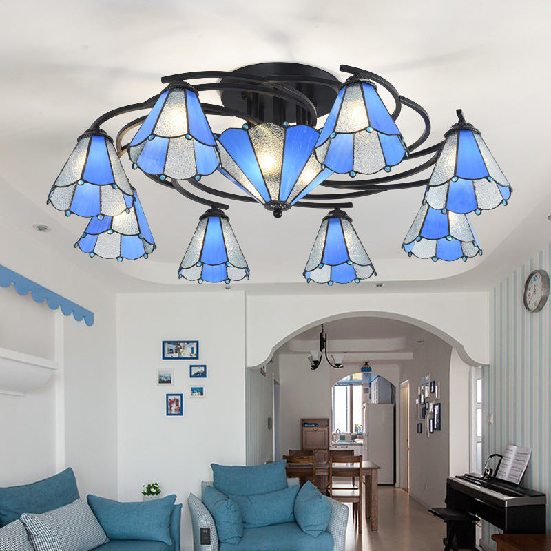 Blue And White Glass Semi - Flush Conical Ceiling Light With 9/11 Lights - Black Lighting Fixture