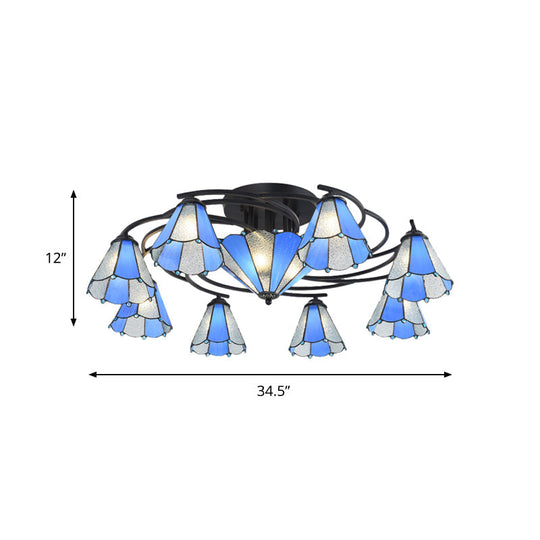 Blue And White Glass Semi - Flush Conical Ceiling Light With 9/11 Lights - Black Lighting Fixture