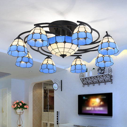 Blue And White Glass Semi - Flush Conical Ceiling Light With 9/11 Lights - Black Lighting Fixture