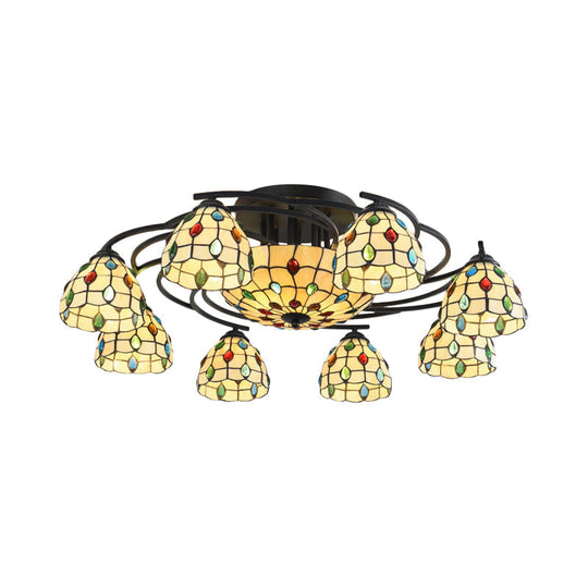 Tiffany Beaded Semi Flush Light - Beige Glass Ceiling Mounted Fixture For Bedroom (9/11 Lights)
