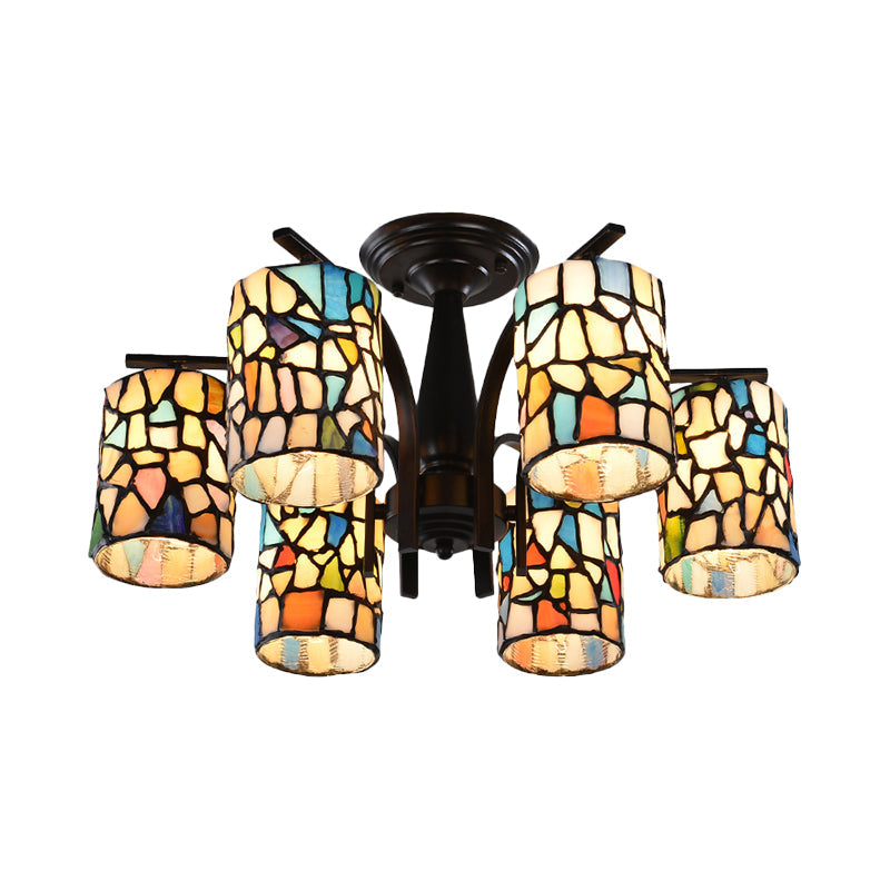 Mediterranean Cylinder Glass Ceiling Mount - Semi Flush Light (6/8 Lights) In Black For Living Room