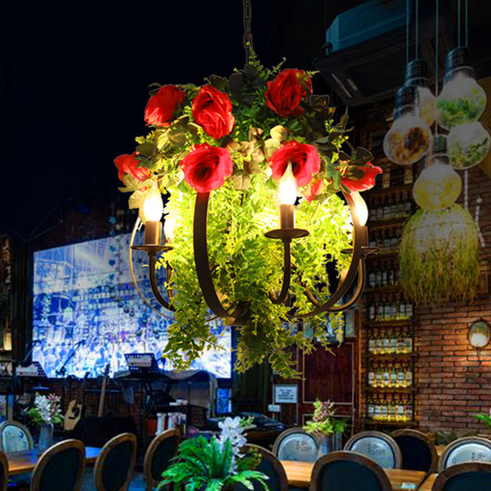 Industrial Black Metal Pendant Chandelier With 5 Bulbs – Rose Led Ceiling Fixture For Restaurants