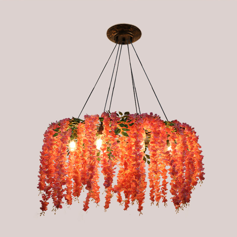 Industrial Metal Floral Chandelier With 6 Pink Led Bulbs For Restaurant Lighting