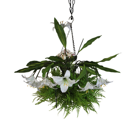 Metal Pendant Chandelier With 12 Green Lily Heads - Industrial Style Led Down Lighting For