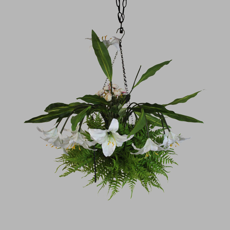 Metal Pendant Chandelier With 12 Green Lily Heads - Industrial Style Led Down Lighting For