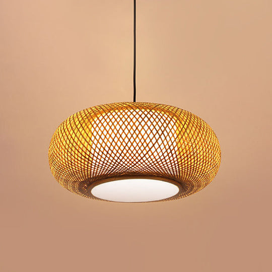 Curved Bamboo Pendant Lamp - Asian Style Ceiling Light 1 Bulb Beige 16/19.5 Wide / 16