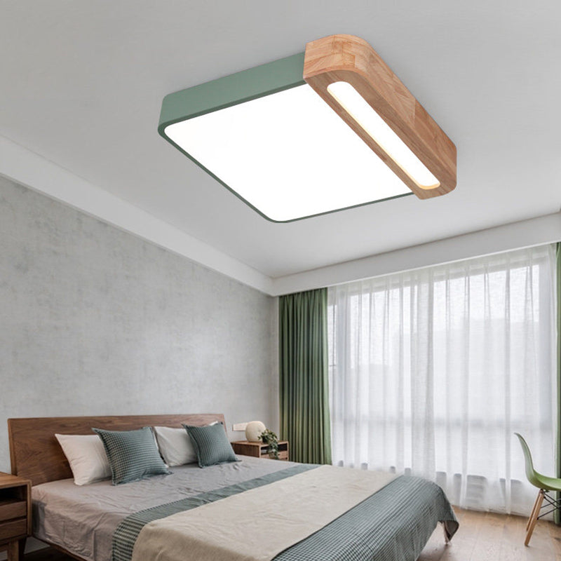 Nordic Square Acrylic Flush Light 12/16 Led Surface Ceiling Lamp In Grey/White/Red With Wood Guard -