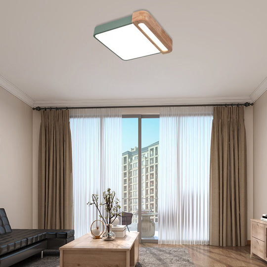 Nordic Square Acrylic Flush Light 12/16 Led Surface Ceiling Lamp In Grey/White/Red With Wood Guard -
