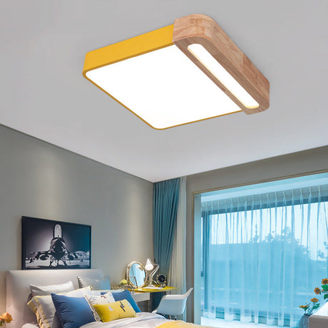 Nordic Square Acrylic Flush Light 12/16 Led Surface Ceiling Lamp In Grey/White/Red With Wood Guard -