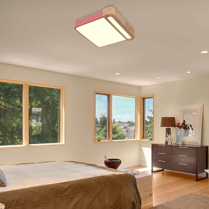 Nordic Square Acrylic Flush Light 12/16 Led Surface Ceiling Lamp In Grey/White/Red With Wood Guard -