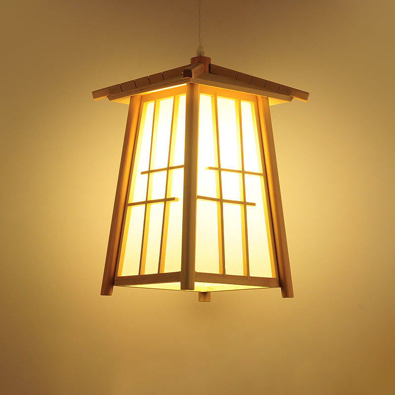 Japanese Style Beige Wood Ceiling Lamp For Restaurants - Tower Pendant Lighting