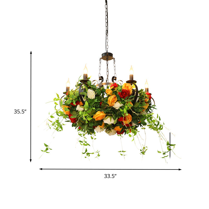 Industrial Metal Black Chandelier With Led Lights And Plant Decor - 6-Light Rose Design