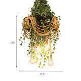 Vintage Black Hemp Rope Chandelier With 6 Bare Bulb Lights For Restaurant Plant Décor