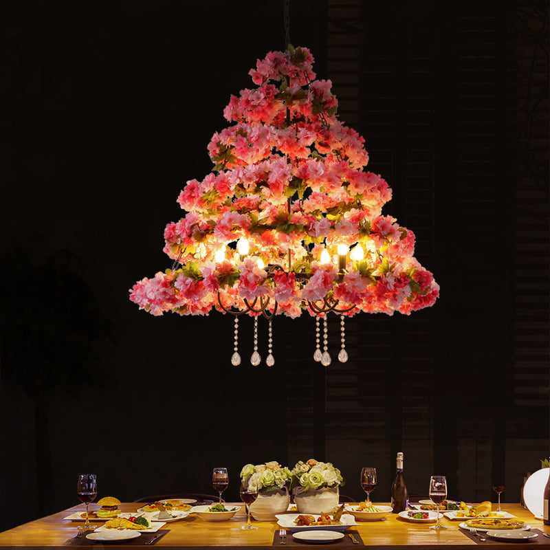 Retro Metal Black Chandelier With Crystal Draping And Cherry Blossom Design - 6 Light Led Ceiling