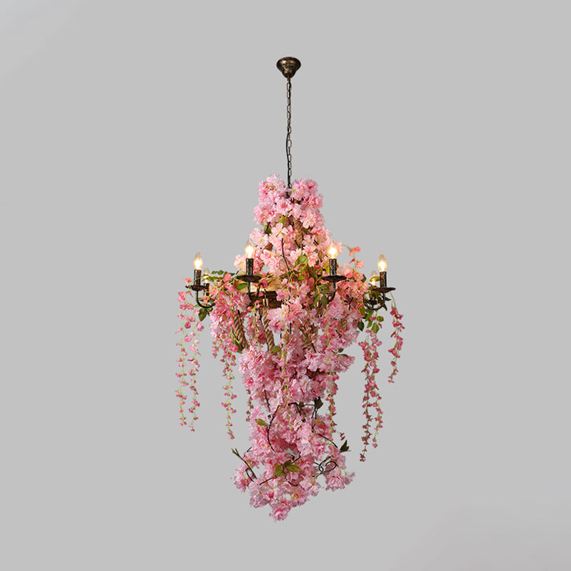 Industrial Metal Chandelier With Pink Led Flower Design - Candlestick Restaurant Light 6/8 Bulbs