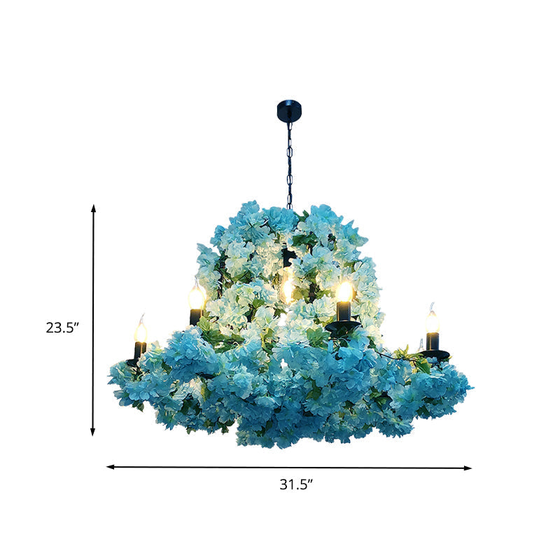 Blue Metal Led Suspension Candle Chandelier Light Fixture With Cherry Blossom - 6/8 Bulbs