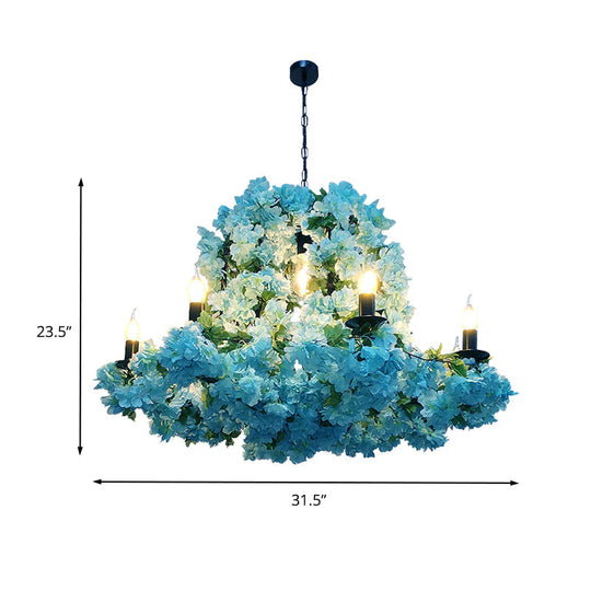 Blue Metal Led Suspension Candle Chandelier Light Fixture With Cherry Blossom - 6/8 Bulbs