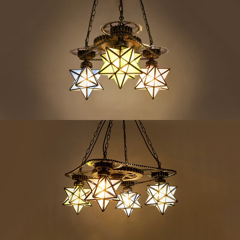 Rustic Tiffany Glass Pendant Chandelier - Multi Color Star Ceiling Light With Gear For Foyer 3/4