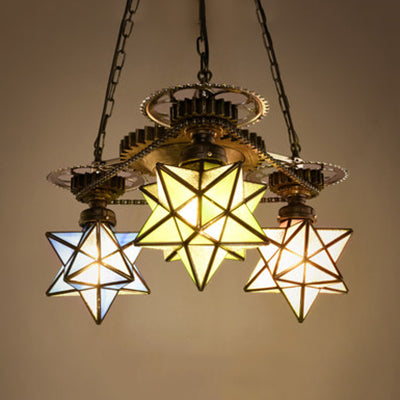 Rustic Tiffany Glass Pendant Chandelier - Multi Color Star Ceiling Light With Gear For Foyer 3/4