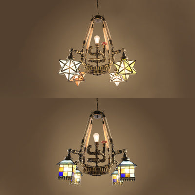 Rustic Lodge Pipe Chandelier With Multi-Light Stained Glass Suspension And Star/House Design