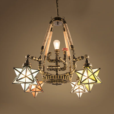 Rustic Lodge Pipe Chandelier With Multi-Light Stained Glass Suspension And Star/House Design
